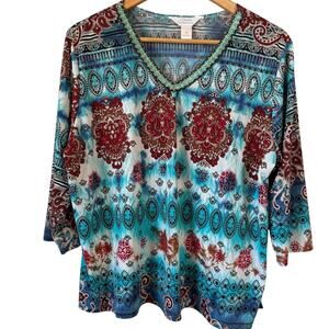 Christopher & Banks Jersey Knit Top Blouse 1X Blue Red 3/4 Sleeve Boho Hippie